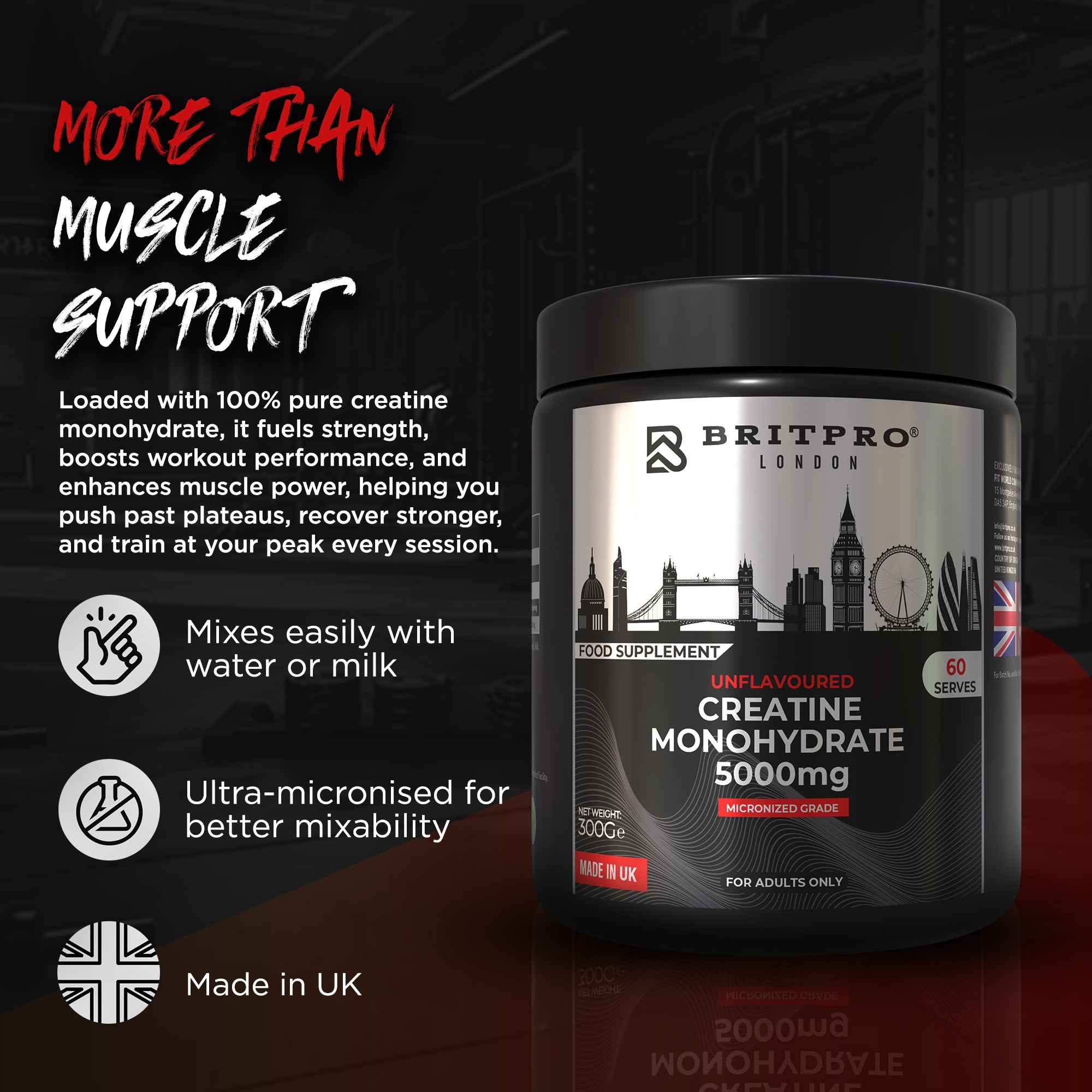 BRITPRO London® Unflavoured Creatine 300G